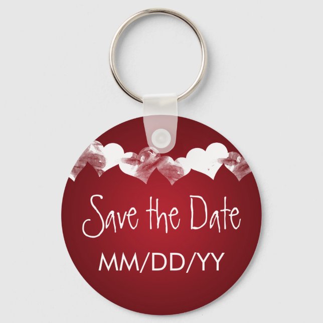Wedding Save The Date Grunge Hearts Red Key Ring (Front)