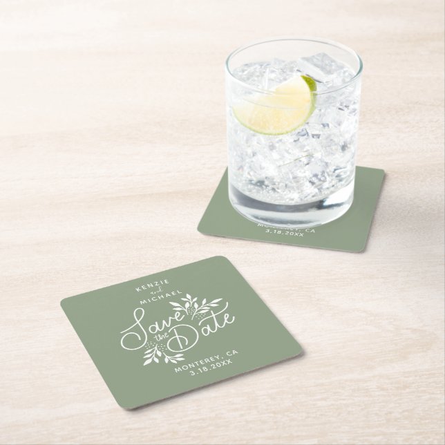 Wedding Save the Date Hand Drawn Botanicals Green Square Paper Coaster (Insitu)