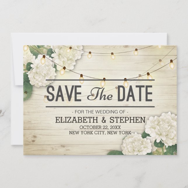 Wedding Save The Date Hydrangea String Lights Wood (Front)