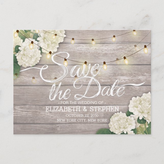 Wedding Save The Date Hydrangea String Lights Wood Announcement Postcard (Front)