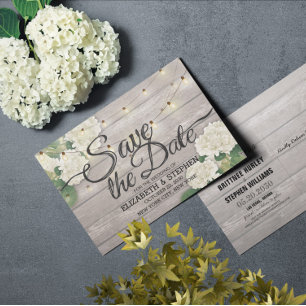 Wedding Save The Date Hydrangea String Lights Wood Announcement Postcard