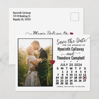 Wedding Save the Date July 2024 Calendar Photo Invitation Postcard
