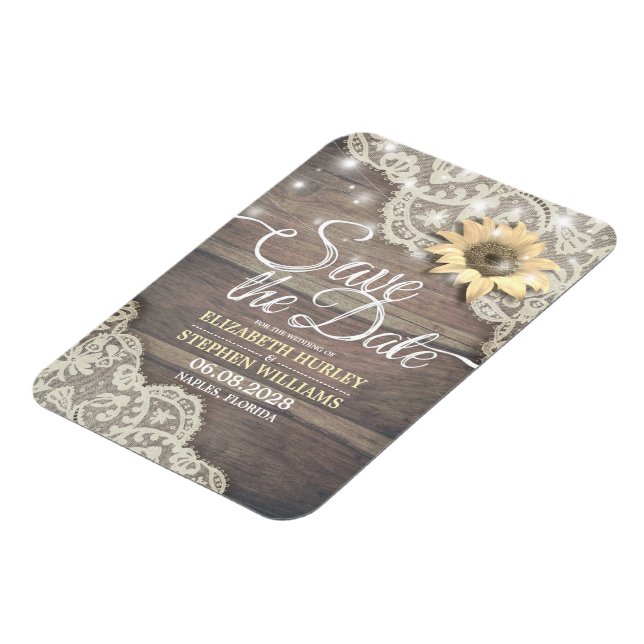Wedding Save The Date Lace Sunflower Wood Lights Magnet (Left Side)
