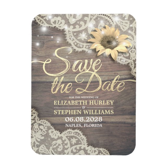 Wedding Save The Date Lace Sunflower Wood Lights Magnet (Vertical)