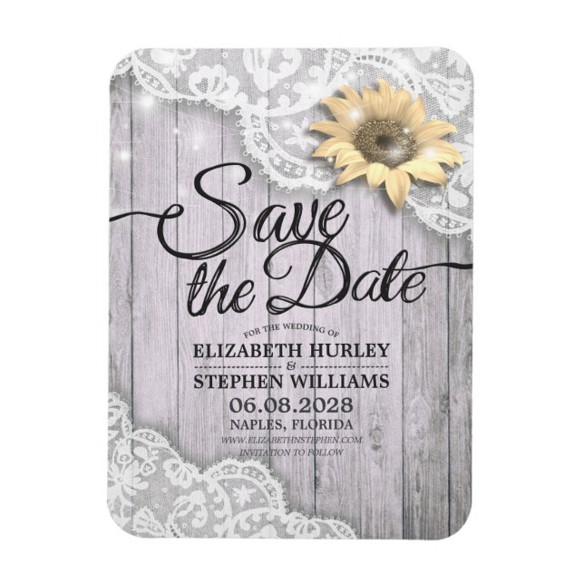 Wedding Save The Date Lace Sunflower Wood Lights Magnet (Vertical)