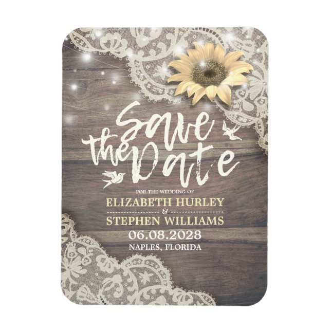 Wedding Save The Date Lace Sunflower Wood Lights Magnet (Vertical)