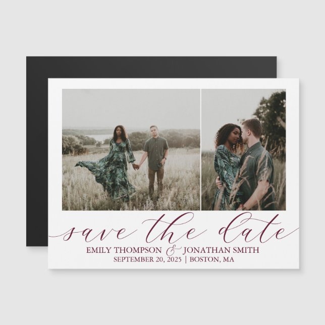 Wedding Save The Date Magnet Two Photos Burgundy (Front/Back)