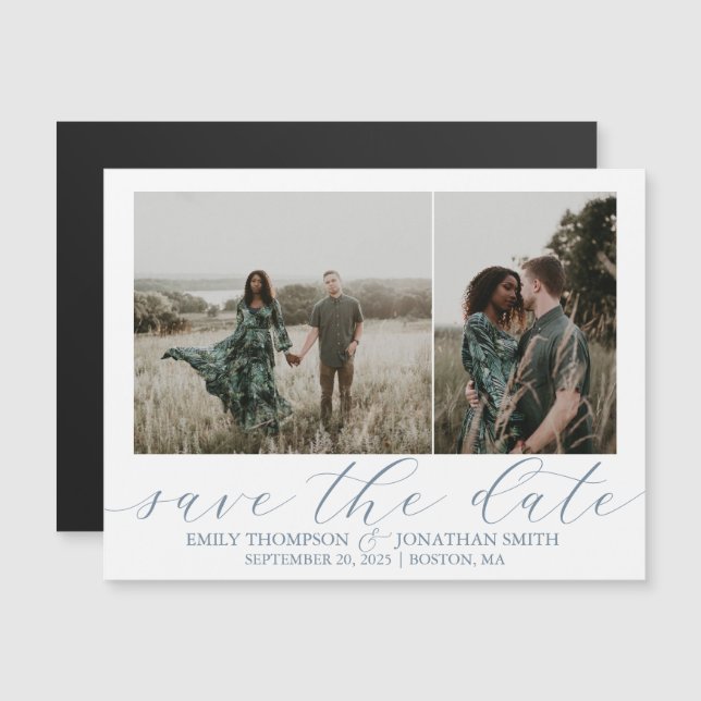 Wedding Save The Date Magnet Two Photos Dusty Blue (Front/Back)