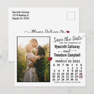 Wedding Save the Date March 2023 Calendar Photo Invitation Postcard