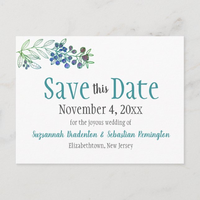Wedding Save The Date Minimalist Blue Berries Announcement Postcard (Front)