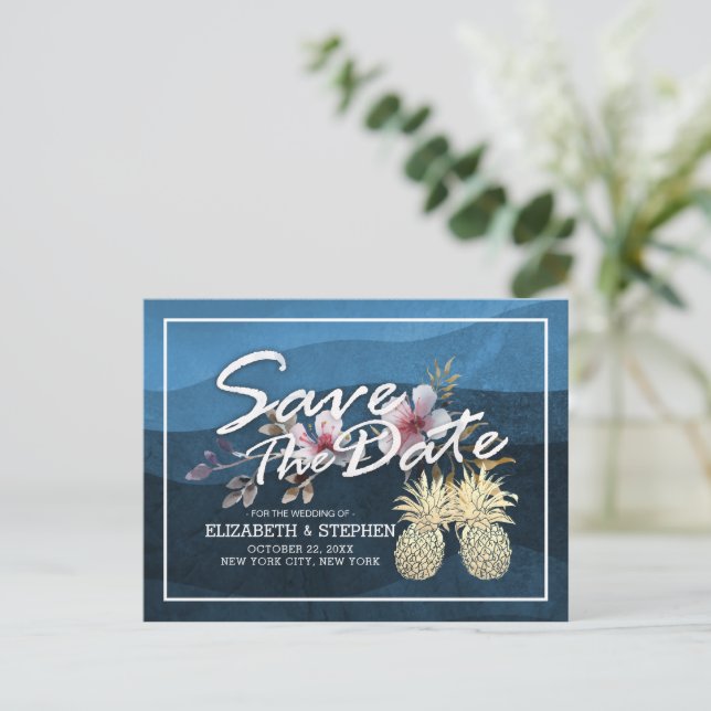 Wedding Save The Date Modern Gold Pineapple Couple Announcement Postcard (Standing Front)