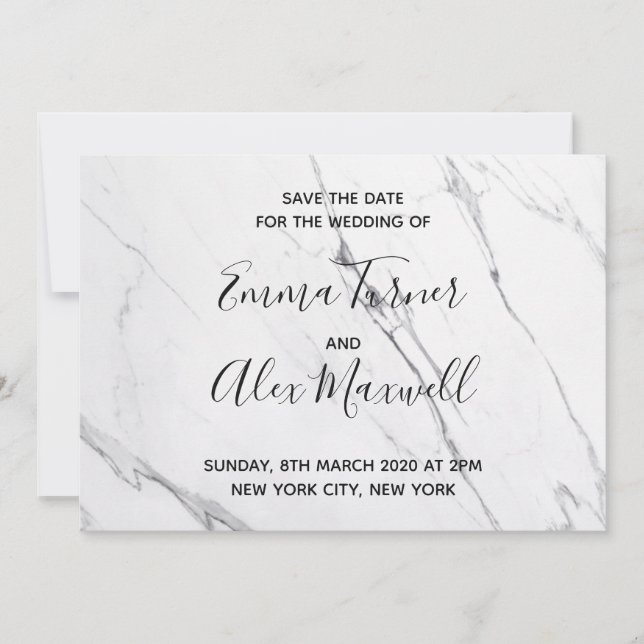Wedding Save the date | Modern White Marble Script (Front)