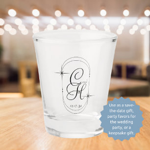 Wedding Save the Date Monogram Boho Script Black Shot Glass