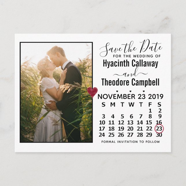 Wedding Save the Date November 2019 Calendar Photo Invitation Postcard (Front)