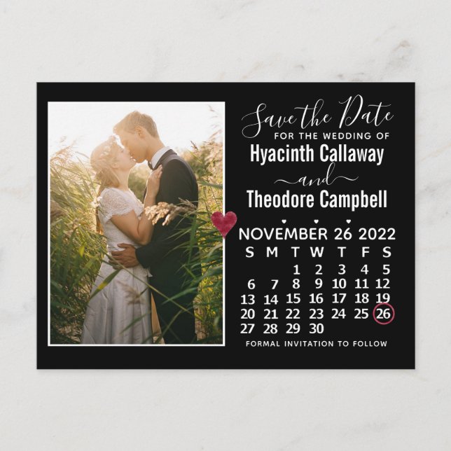 Wedding Save the Date November 2022 Calendar Photo Invitation Postcard (Front)