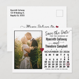 Wedding Save the Date November 2024 Calendar Photo Invitation Postcard
