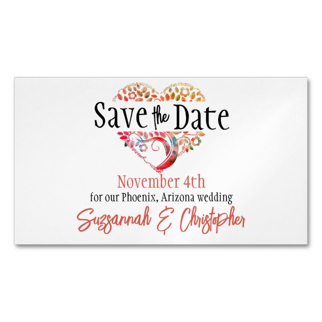 Wedding Save The Date Orange Burgundy Tree Heart Magnetic Business Card (Front)