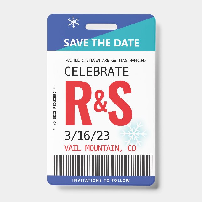 Wedding Save the Date Original Ski Lift Ticket ID Badge (Front)