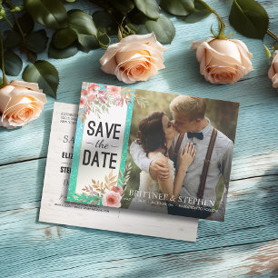 Wedding Save The Date Photo Floral Teal Gold Dots Announcement Postcard