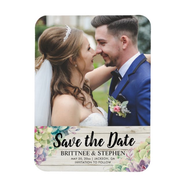 Wedding Save The Date Photo Magnet Succulents Wood (Vertical)