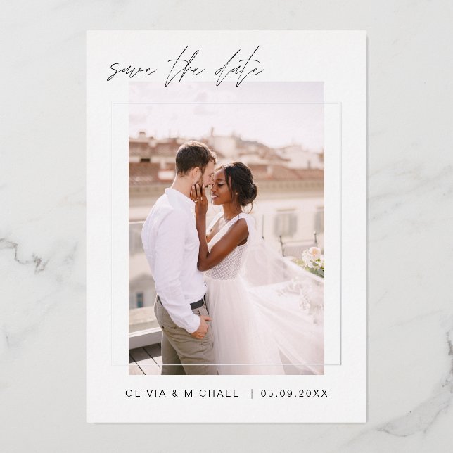 Wedding Save the Date Photo Minimalist Silver (Front)