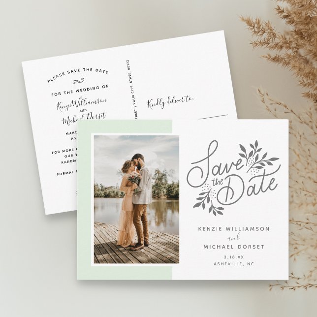 Wedding Save the Date Photo Script Botanical Green Postcard (Creator Uploaded)