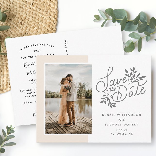 Wedding Save the Date Photo Script Botanical Peach Postcard (Creator Uploaded)