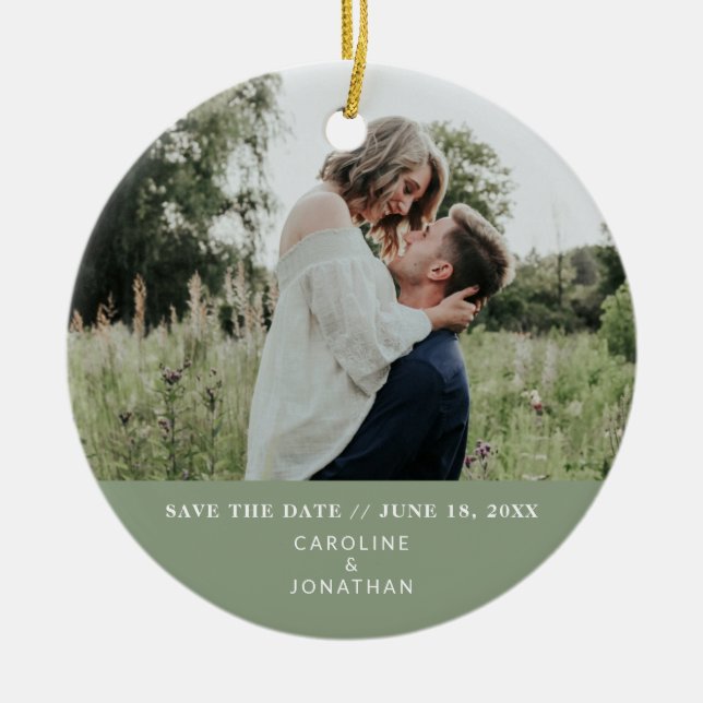 Wedding Save the Date Photo Simple Minimal Green Ceramic Ornament (Front)