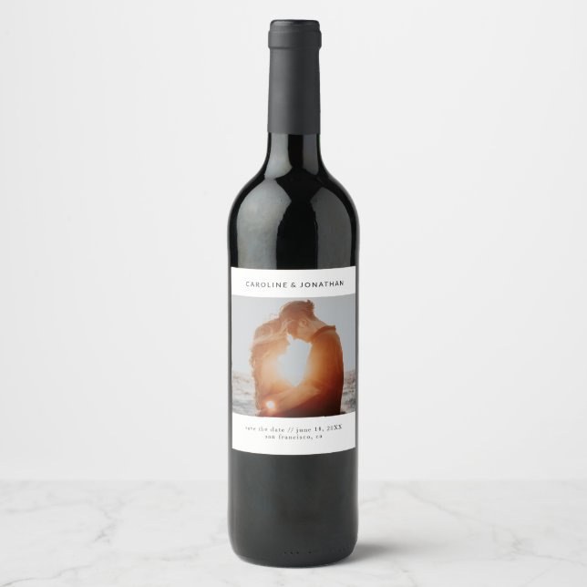 Wedding Save the Date Photo Simple Minimal White Wine Label (Front)