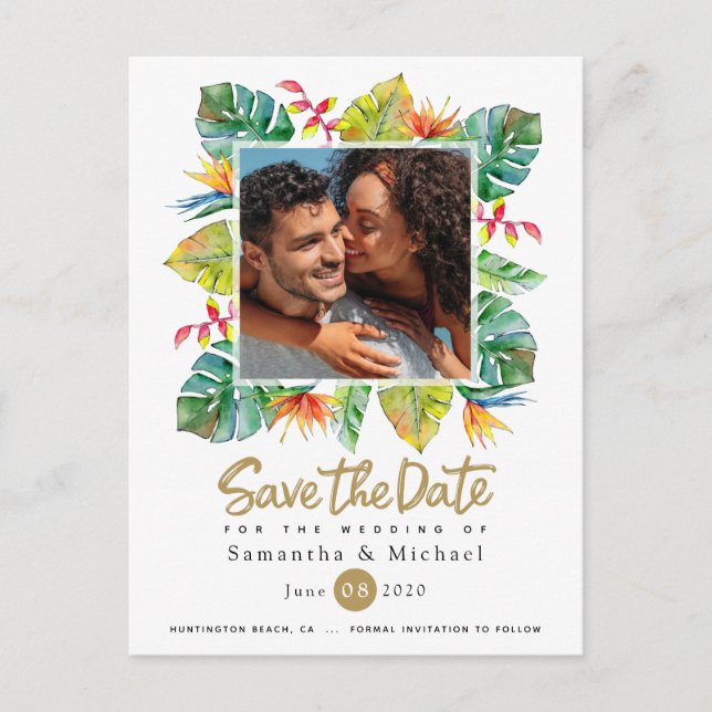 Wedding Save The Date | Photo with Tropical Border Postcard (Front)