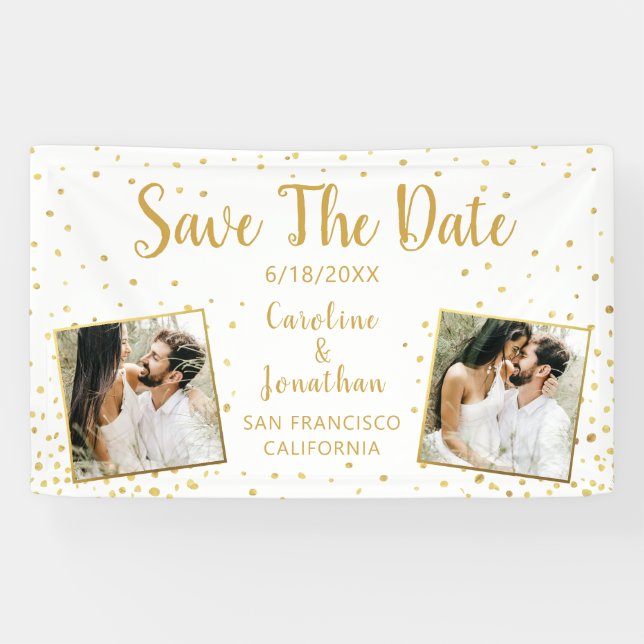 Wedding Save the Date Photos Gold Confetti Banner (Horizontal)