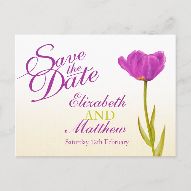 Wedding Save the Date Postcard purple tulip art (Front)
