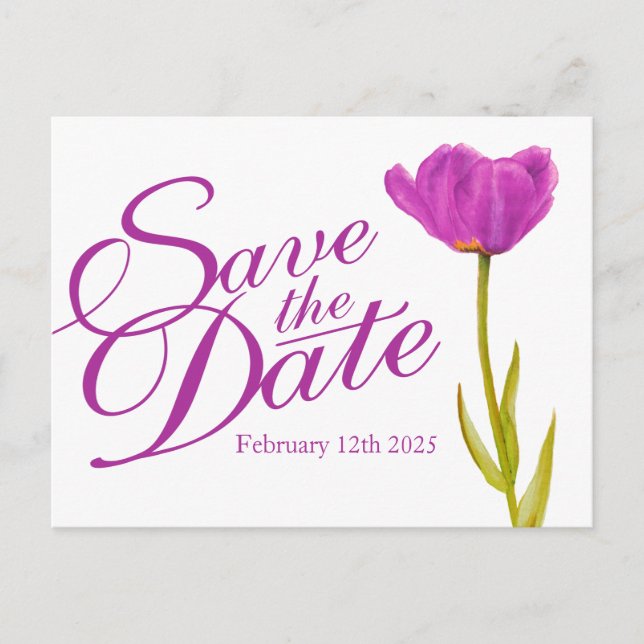 Wedding Save the Date Postcard purple tulip art (Front)