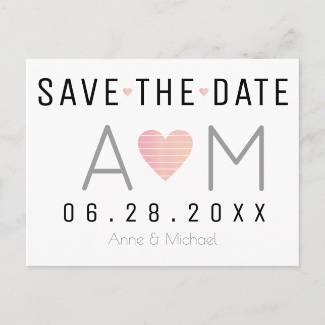 Wedding save-the-date postcard with pink heart (Front)