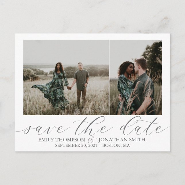 Wedding Save The Date Postcards Two Photos Grey (Front)