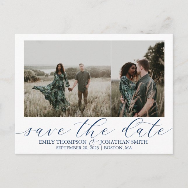 Wedding Save The Date Postcards Two Photos Navy (Front)