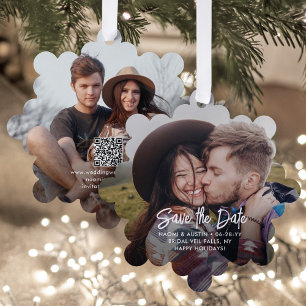 Wedding Save the Date QR Code & 2 Photos Christmas Tree Decoration Card
