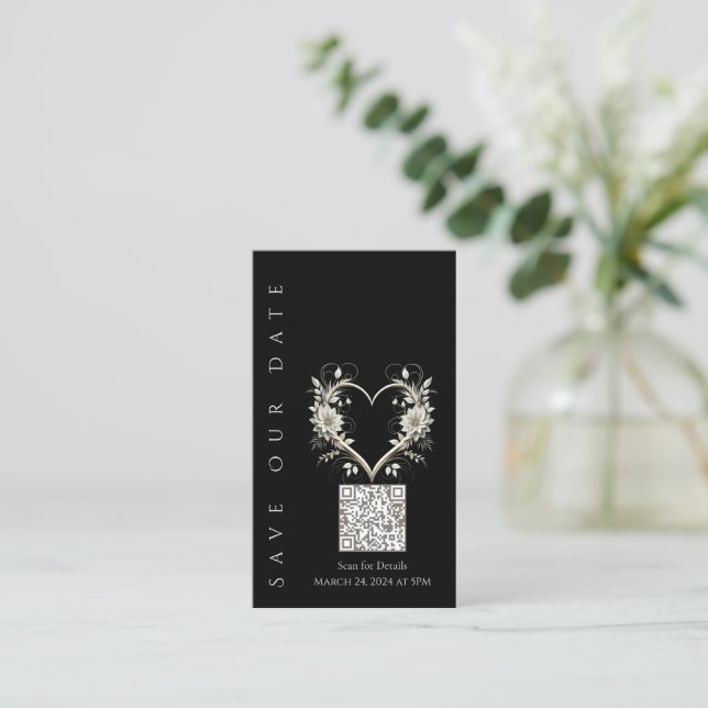 Wedding Save the Date-QR code-White Flowers  Business Card (Standing Front)