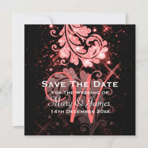 Wedding Save The Date Red Glitter Floral Swirl