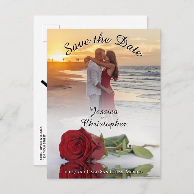 Wedding Save the Date Red Rose Photo Overlay Black Announcement Postcard (Front/Back)