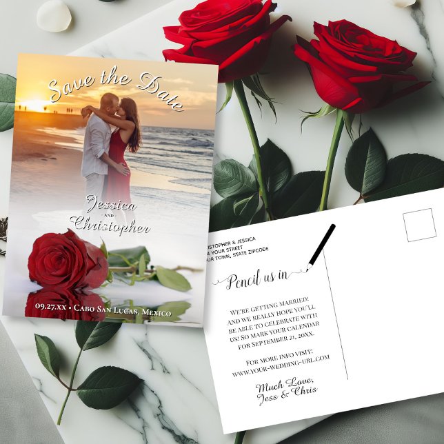 Wedding Save the Date Red Rose Photo Overlay White Announcement Postcard (Front/Back)