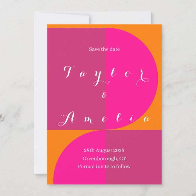 Wedding Save the Date Retro Abstract Pink Orange (Front)