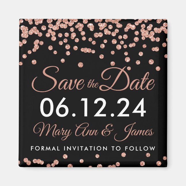 Wedding Save The Date Rose Gold Glitter Confetti Magnet (Front)