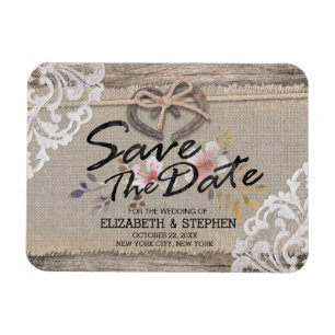 Wedding Save The Date Rustic Horseshoe Burlap Lace Magnet