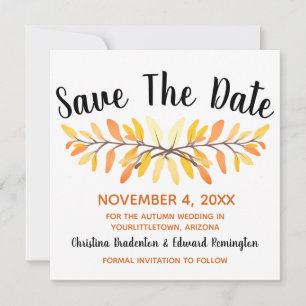 Wedding Save The Date Rustic Minimal Autumn Leaves Announcement