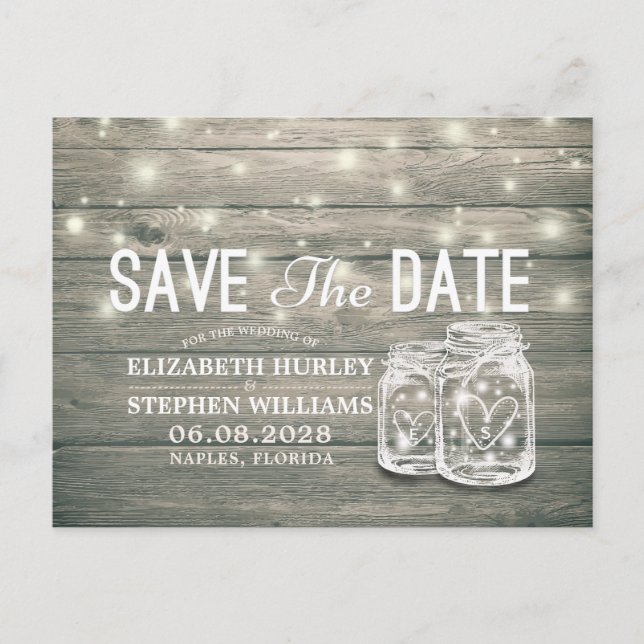 Wedding Save The Date Rustic Wood Mason Jar Lights Announcement Postcard (Front)