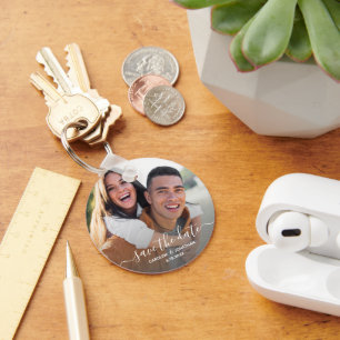 Wedding Save the Date Simple Photo Calligraphy Key Ring