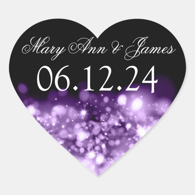 Wedding Save The Date Sparkling Lights Purple Heart Sticker (Front)