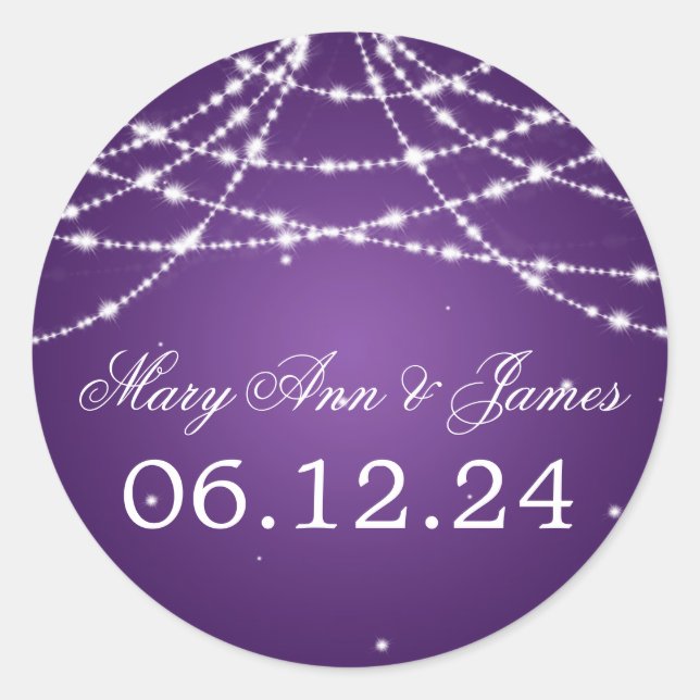 Wedding Save The Date Sparkling String Purple Classic Round Sticker (Front)