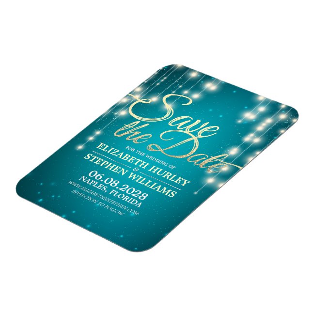 Wedding Save The Date String Lights Turquoise Gold Magnet (Left Side)